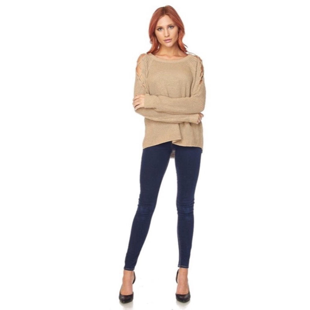 ***SOLD***Khaki knit Cold Shoulder Sweater